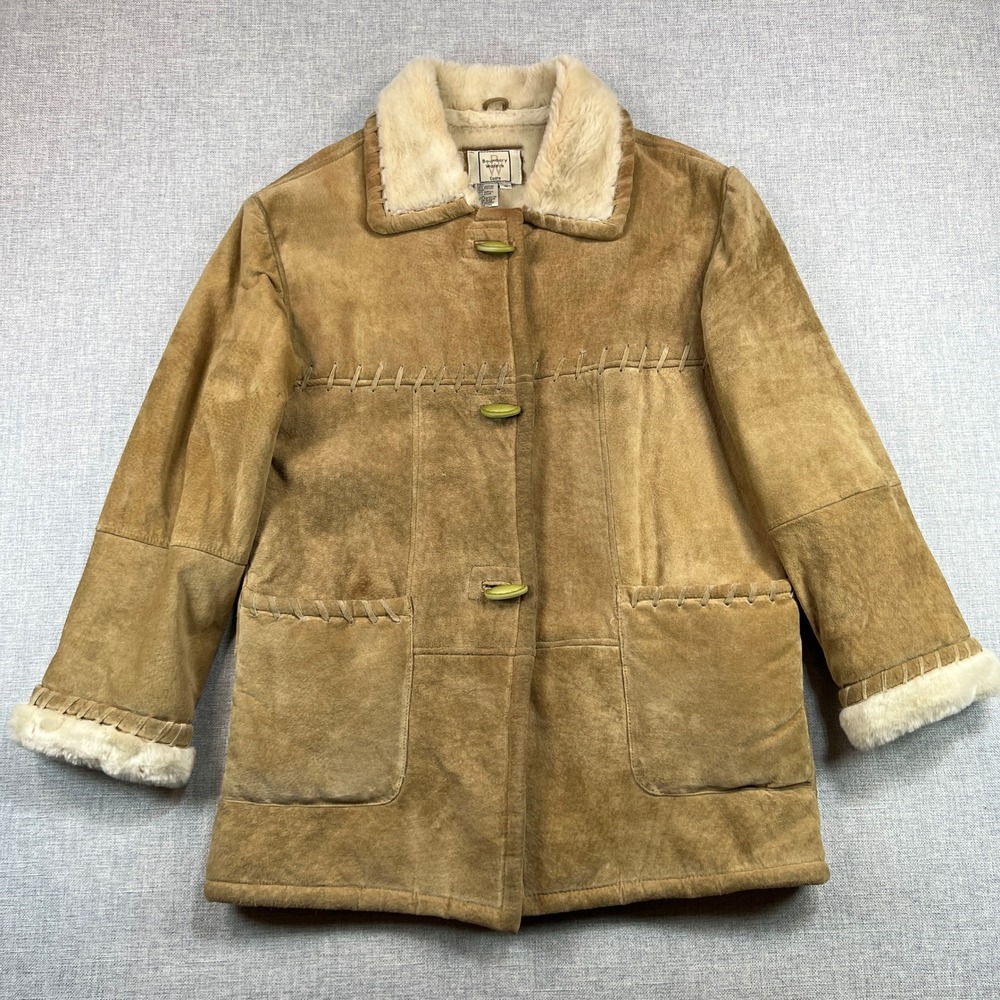 Vintage Boundary Waters Suede Leather Coat‎ Women M Tan Shearling Boho Western
